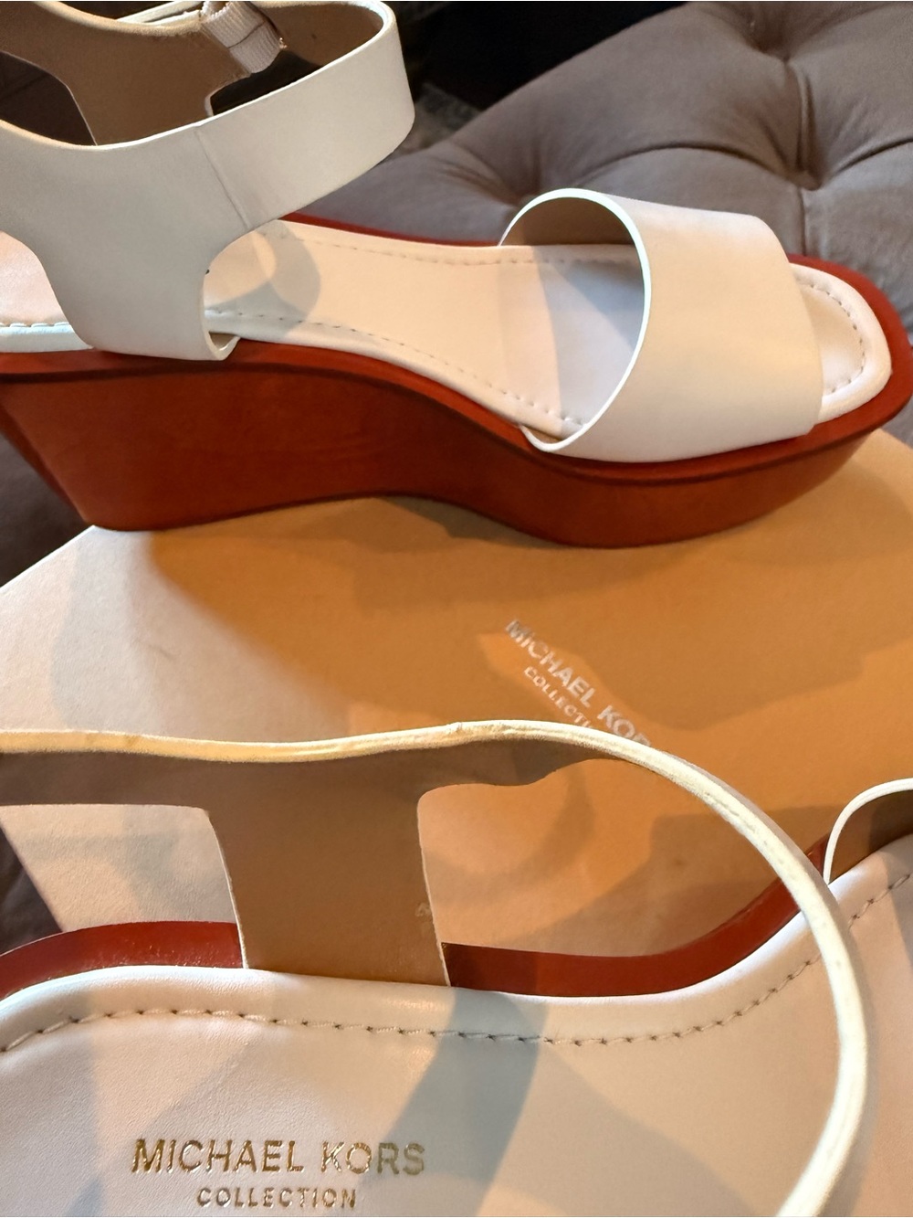 Michael Kors Optic White Leather Wedge Sandals with Brown Wood-Look Platform